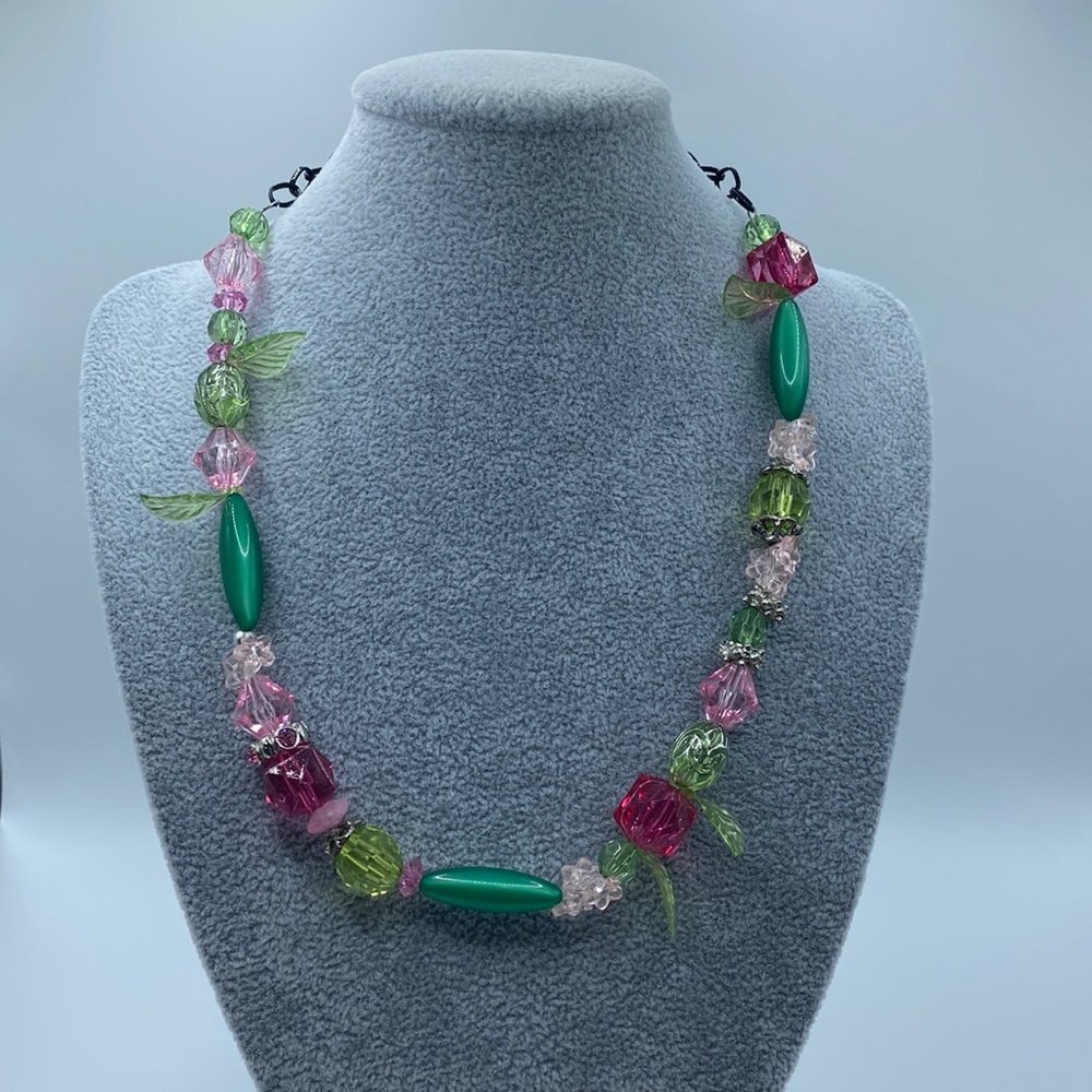 Pink and Green Beaded Necklace